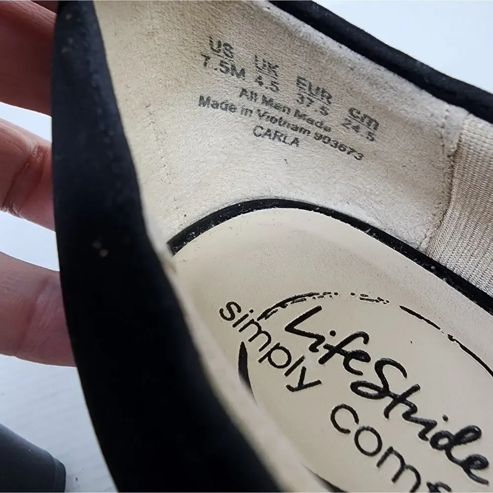 Lifestride Simply Comfort Black Suede Stretch Heels Peep‎ Toe Women's Size 7.5